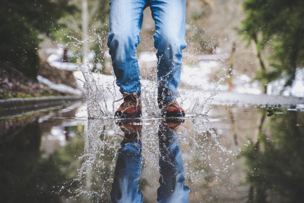 Mold Inspection in Boca Raton 3 legs wearing blue jeans brown boots walking wet street
